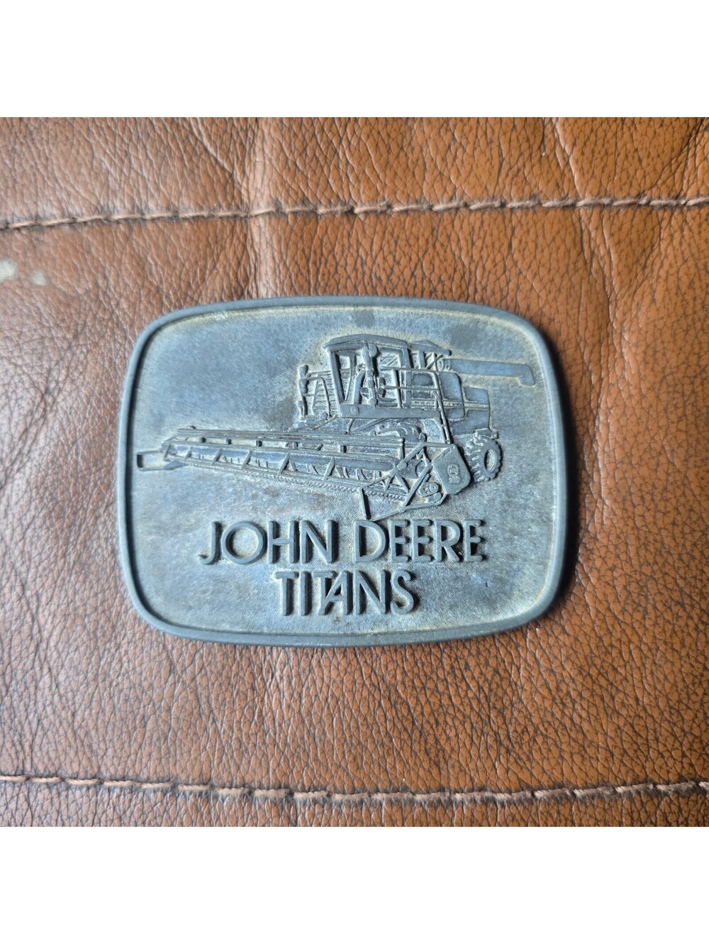 Vtg 1980s John Deere Titans Combine Tractor Belt Buckle Pewter Tone Western Farm